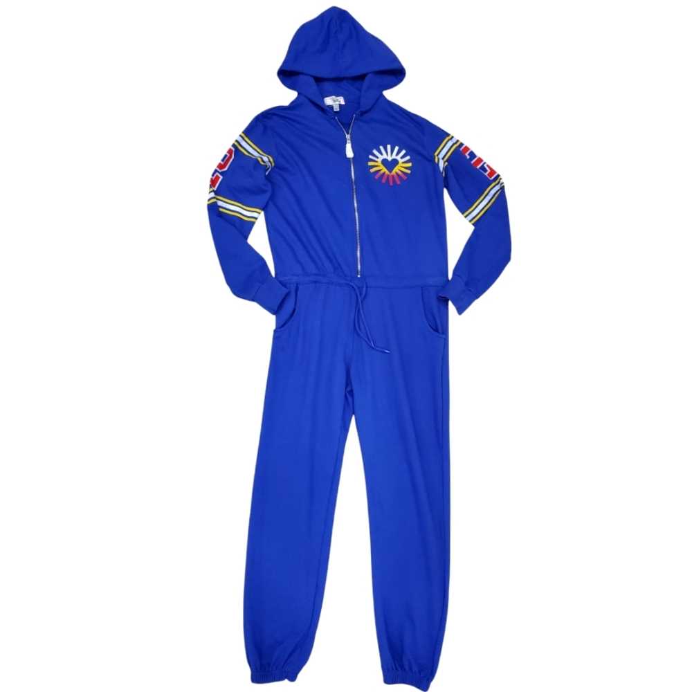I'm in Love With Derek one piece jog set women's large blue hooded jersey knit